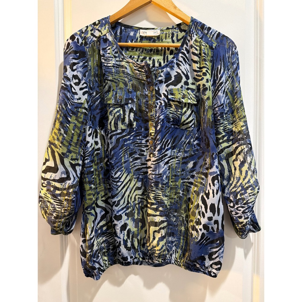 Westport Women Small Blue Green Animal Print Roll Tab Sleeve Button Blouse